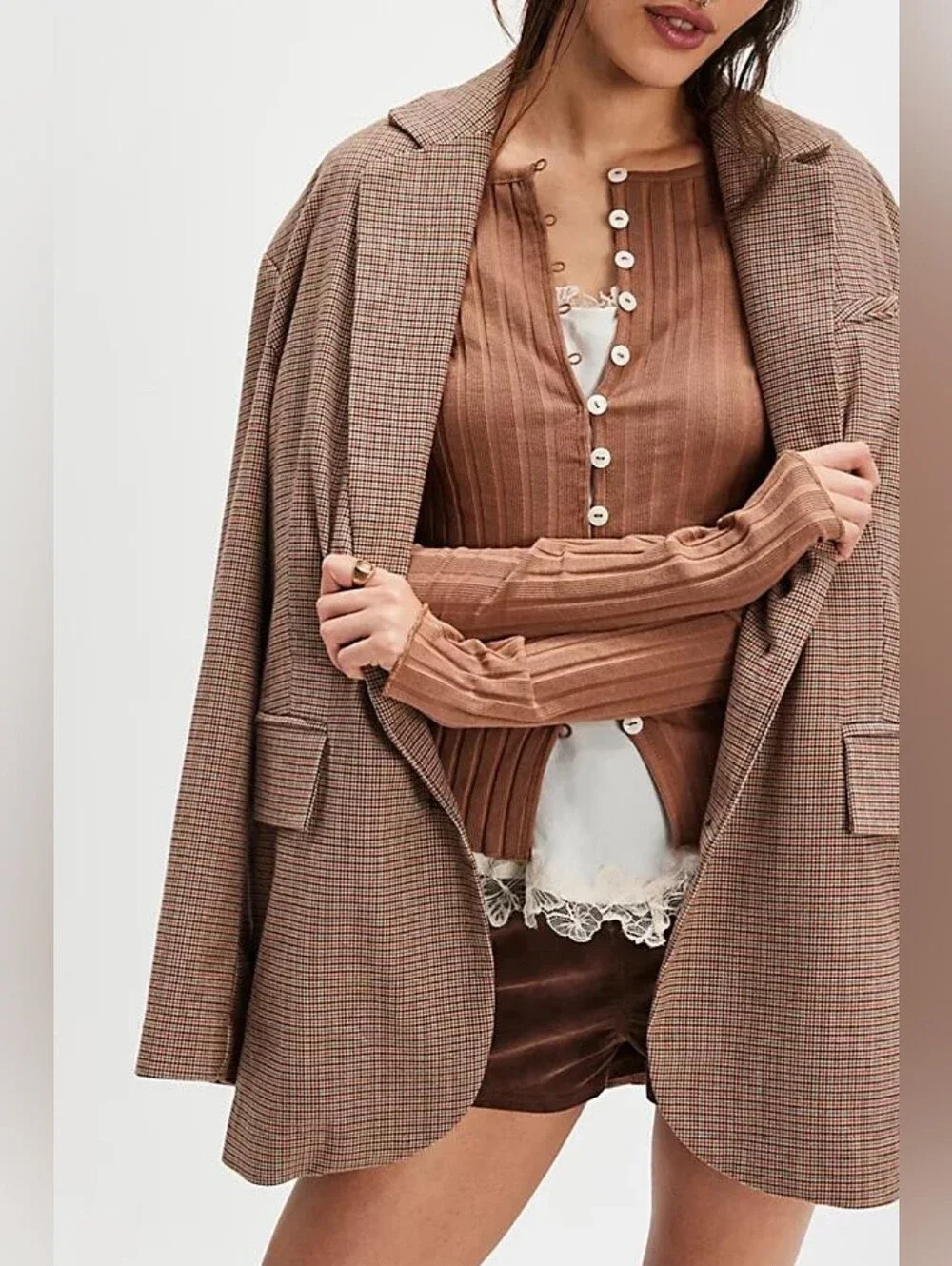 Free People Tilly Ribbed Cardigan Button Front Top Mocha Brown Size XS Y2K - Picture 3 of 10